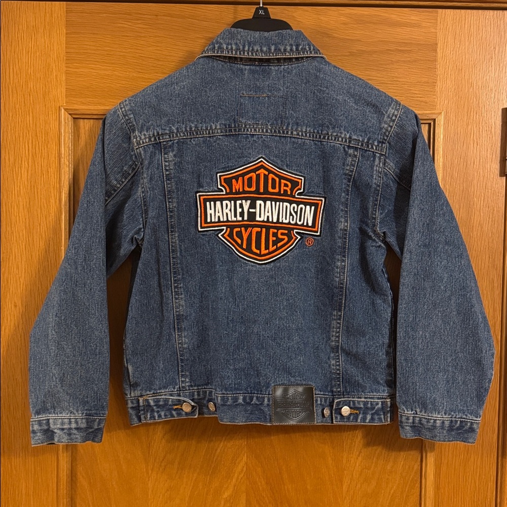 Harley Davidson Vintage Embroidered Denim Jean Jacket Vintage Youth Sz M (12/14)
